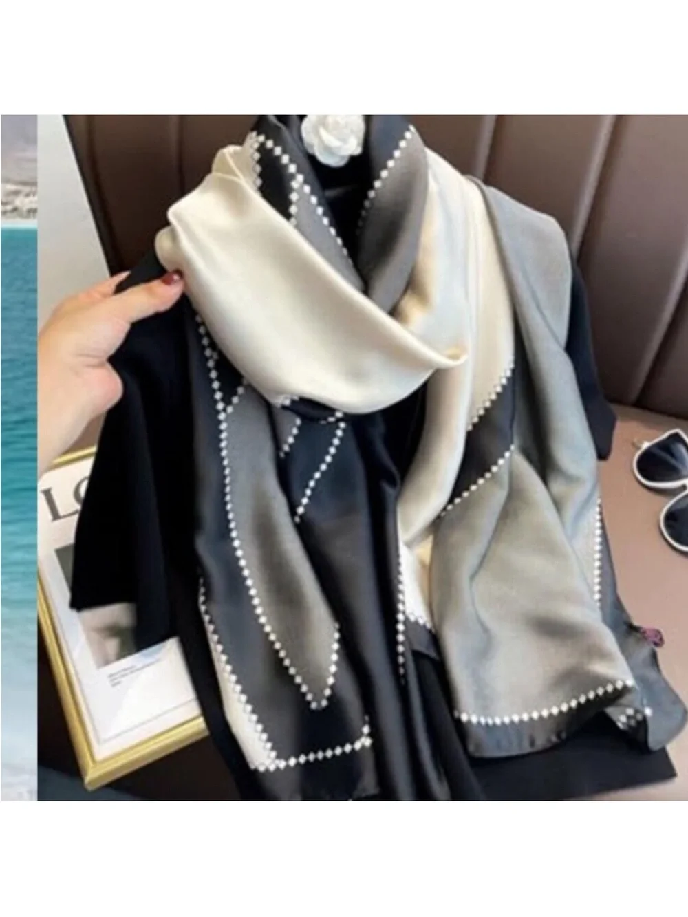 Elegant Silky Black & White Scarf Shawl Lightweight Floral Satin Scarf Trendy